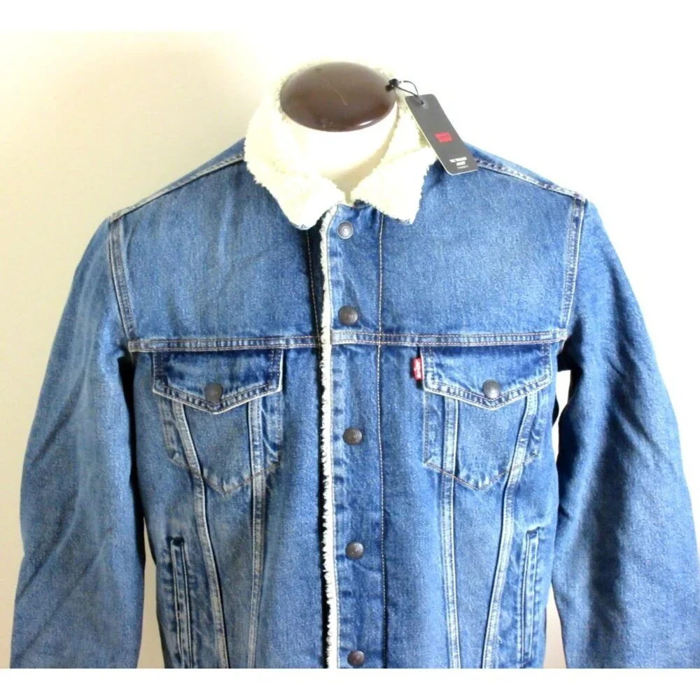 Levi's Men's Type 3 Sherpa lined Snap Front Trucker denim jacket Medium Wash NWT